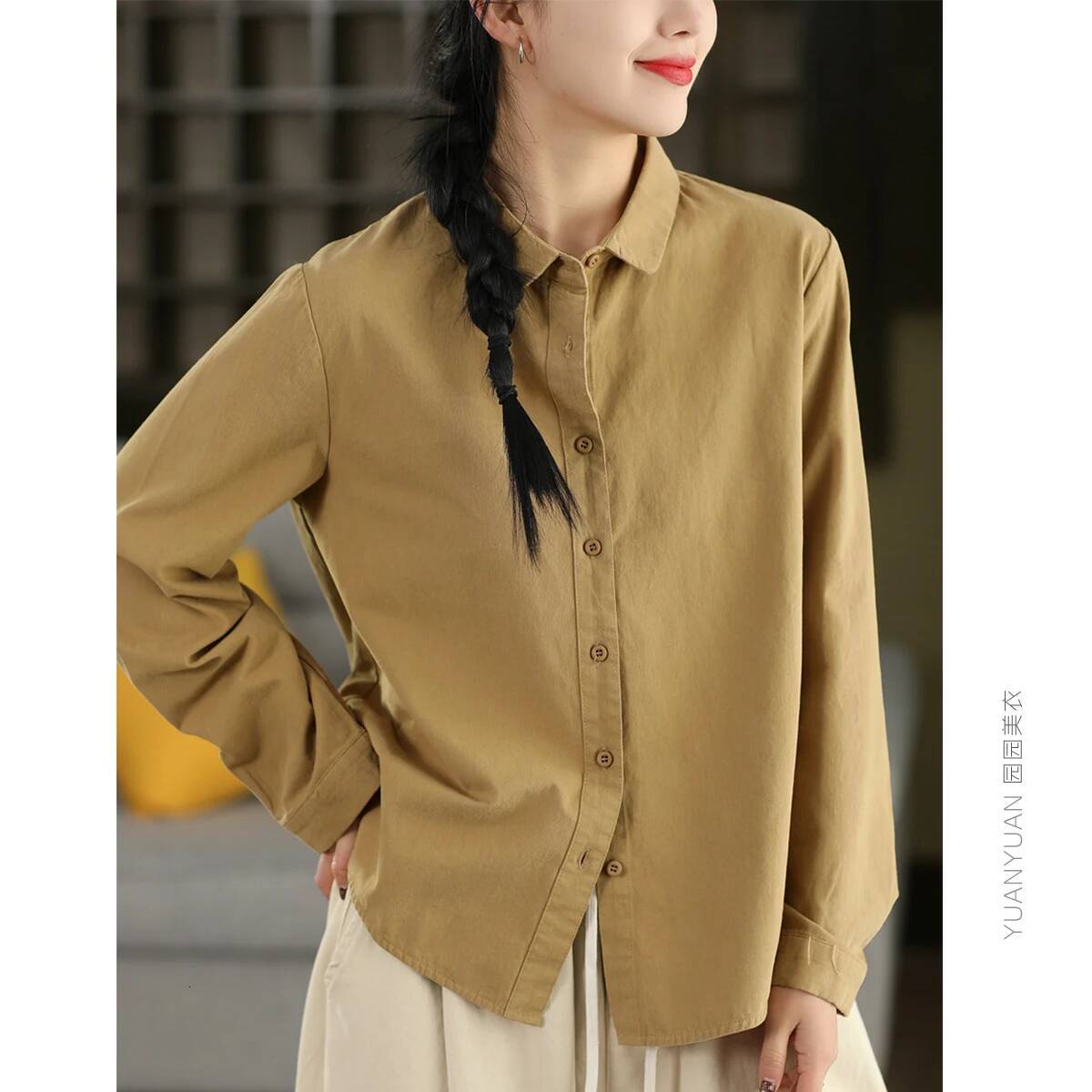 Retro Pure Cotton Long Sve irt Women's Spring Sle Loose Fit Color Casual Top Breathable Comfortable Skin-Friendly
