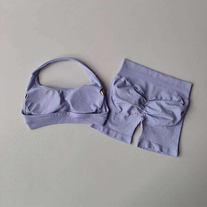 Sexy Halter Neck Beautiful High Waist Peach Sports Bras Shorts Suit Pilates Gathering Yoga Vest Training Fitness Bra Sets 26H0310