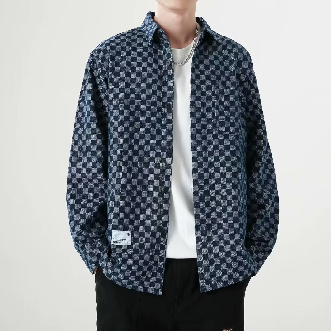 Luxury Brand Designer Clothes American Retro Plaid Denim Jacket For Men, Spring And Autumn Trendy Plus Size Loose Fit Stylish Workwear Shirt Jacket