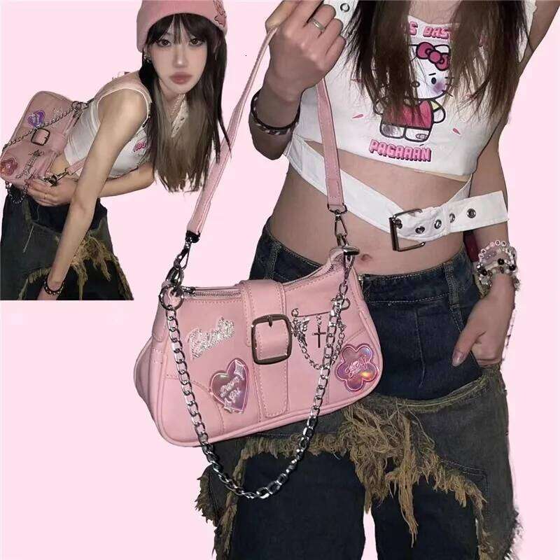 Y2K Spicy Girls Harajuku Women's Gothic Pink Punk One Shoulder Advanced Underarm Lolita Chain Design Crossbody Bags Tote XJ260311