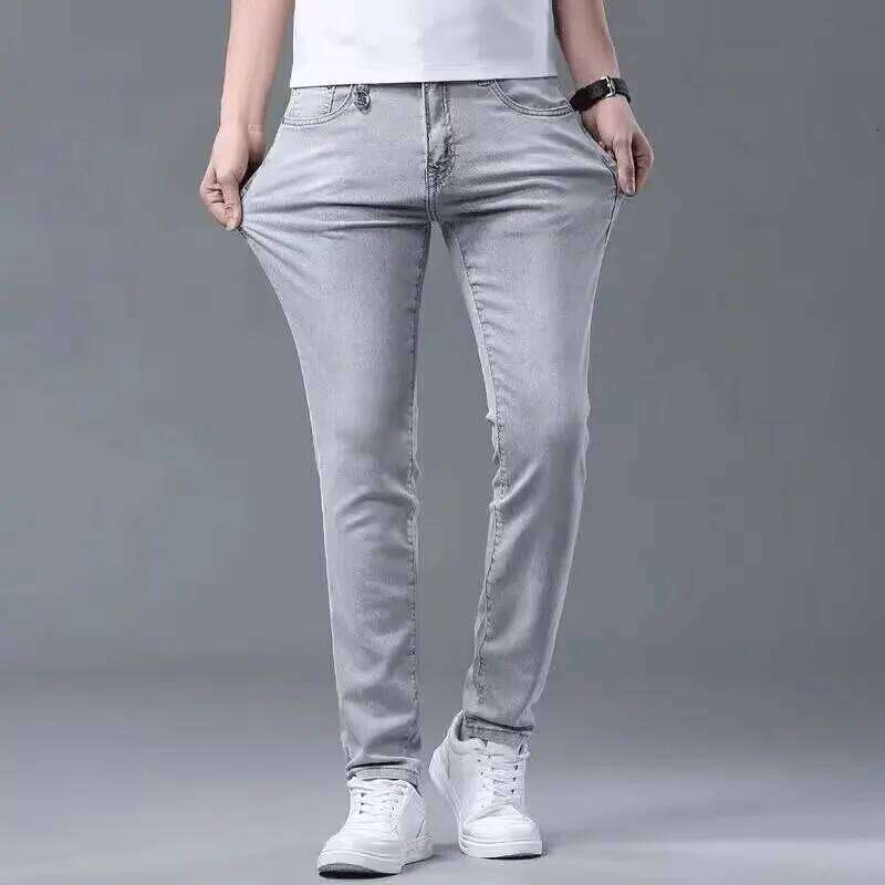 2025 Men's Slim fit Denim Pants High-quality Casual Fashion Exquisite Steel Print Pattern Suitable Youth Couples Z260225