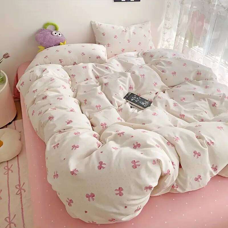 3pcs Pink Bow Duvet Set with 2 Pillowcases, Cozy and Breathable Quilt Cover Suitable for All Seasons H260311