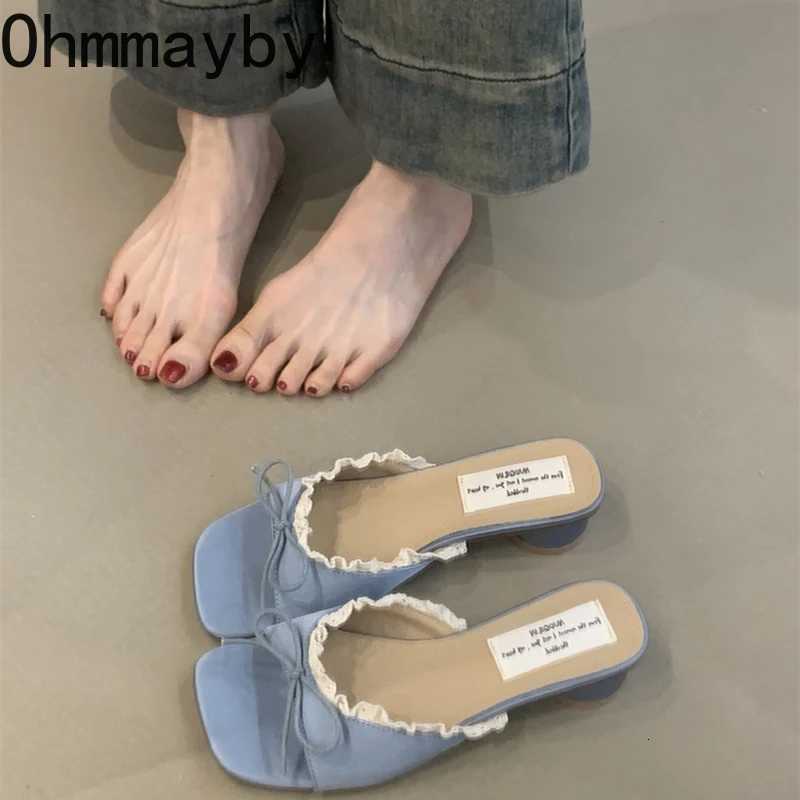 Designer Summer Butterfly-knot Lace Women Slippers Casual Thick Low Heel Dress Street Style Slides K260311