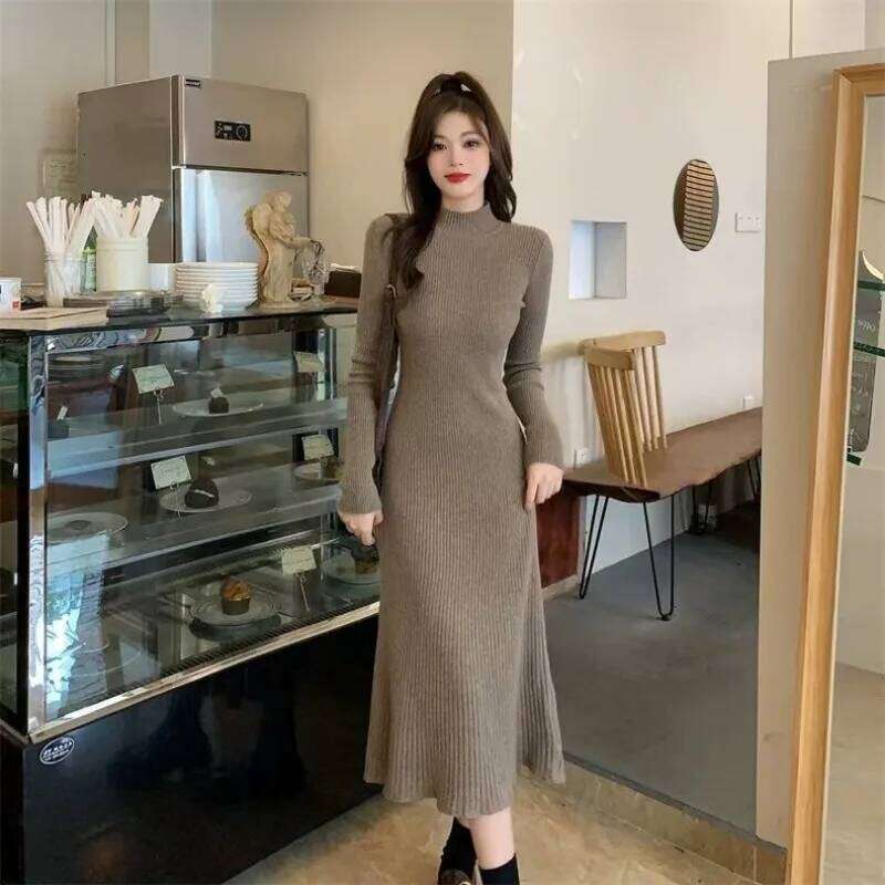 Autumn Winter Thickened Bottoming Knitted Dress Slimming Above the Knee Matching Coat Half-turtleneck Sweater Skirt Z260311