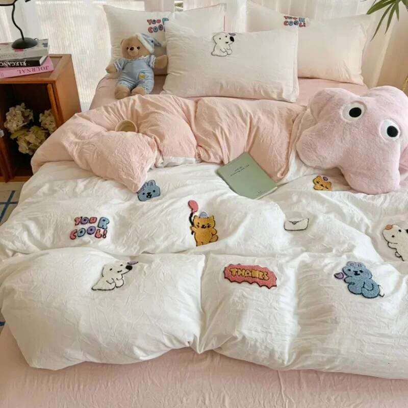 New washed cotton towel embroidery four-piece animal paradise sheet bed hat home student dormitory three-piece set H260311 - view 4