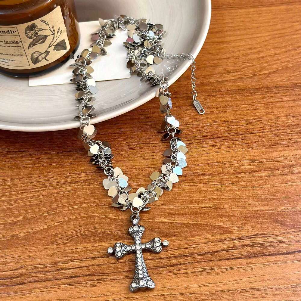Free Shipping Cross Necklace for Women Men Jewelry Titanium Steel Double Layer Stacked Choker Grey Pearl Sequin Beaded Pendant Necklace Personality Ve