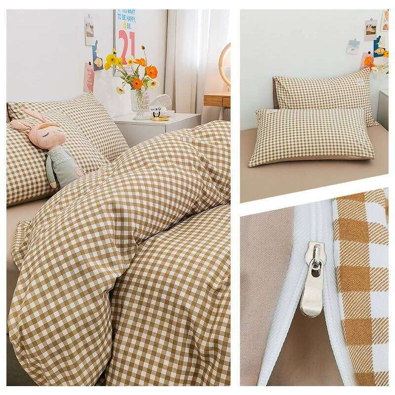 100% Cotton Cover Set,Bedding Set With Plaid Stripe,Skin Friendly Breathable,1 Duvet Cover,2 Pillowcase,Japan Simple Style H260311