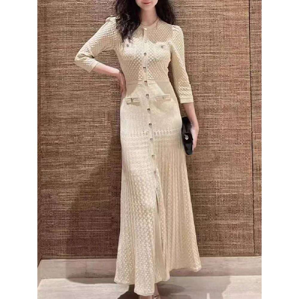 Spring Summer New Fashion Temperament Knitted Dress Women Elegant Hollow Out O-Neck Single Breasted Long Robe Ladies Mdng260311