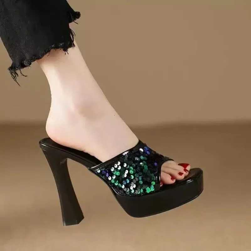 Black Thick Sole Slippers Women 11cm Thin High Heels Bling Sequined Transparent Crystal Platform Sandals 2024 Summer Woman Shoes K260311