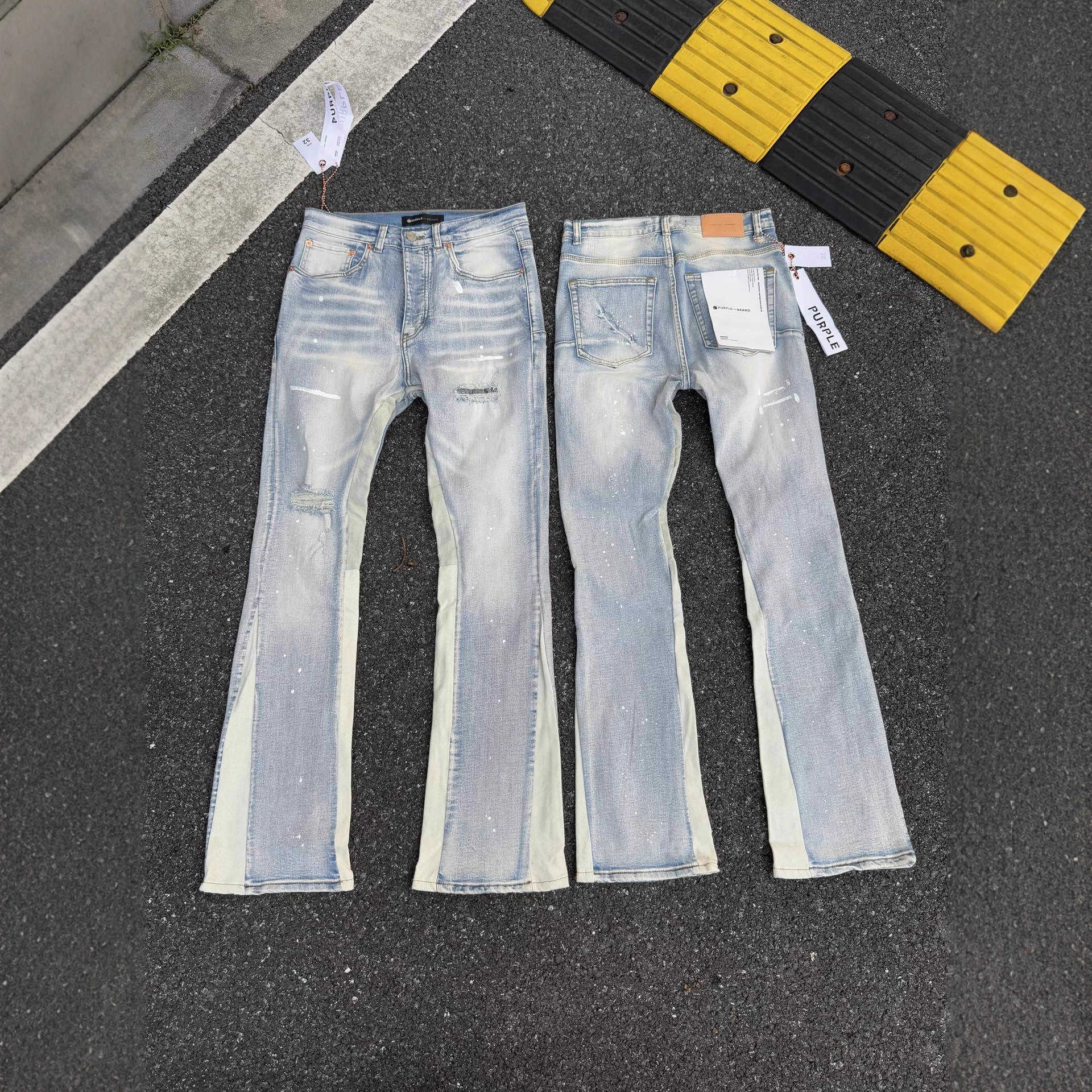 Brand patchwork straight-leg micro-elastic jeans with distressed ink splatter and ripped details H260311