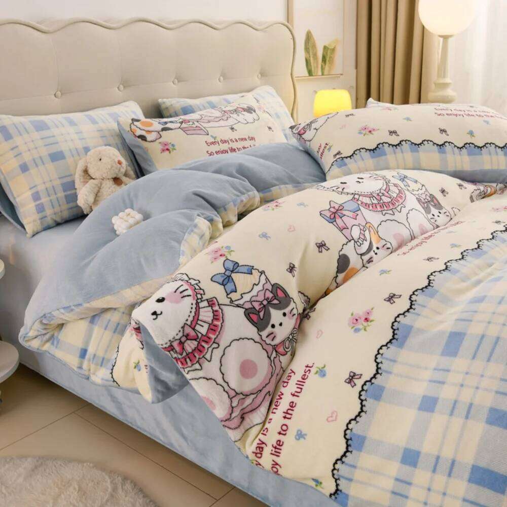 Cartoon Print Thickened Milk Velvet Four-Piece Winter Warm Soft Duvet Quilt Cover Bed Sheet Pillowcase Bedding Set H260311 - view 4