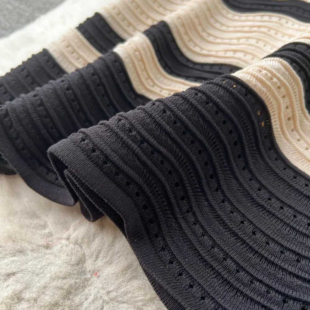 Womens Wavy Striped V-Neck Short Sleeve Elastic Sundress Ribbed Knit Bodycon Long Dress Crochet Hollow Out Summer Party Dress M260311