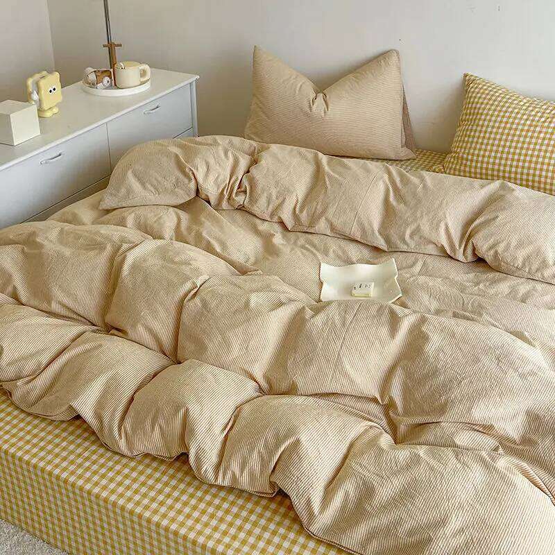 Nordic Duvet Cover with Zipper Simple Plaid Flat Sheet Pillowcases No Filler Pink Blue Hotel Twin Queen Size Bedding Set H260311