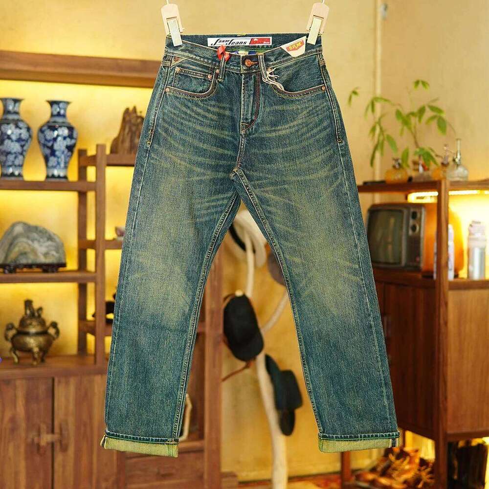 14.5oz Emerald Green Red Selvedge Denim Jeans for Men Autumn American Vintage 100% Cotton Casual Relaxed Straight Leg Pants 5KM Z260225
