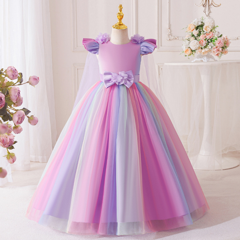 Girls Rainbow Tulle Princess Dress Kids Wedding Party Flying Sleeves Children Birthday Prom Dress Kids Photo Shoot Formal Dress Size 4-8Y