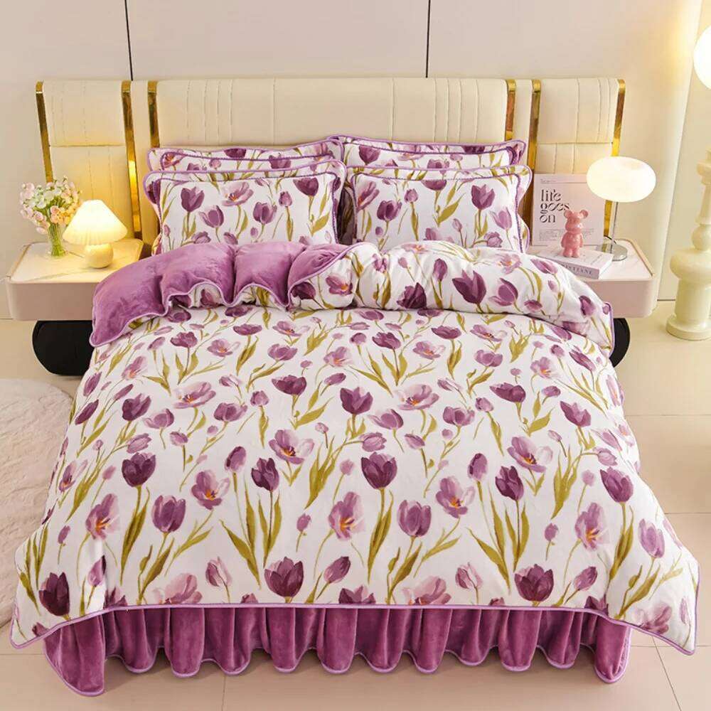 Milk Velvet Winter Warm Four Piece Soft Thickened Bedding Quilt Pillowcase Bed Sheet Anti-static Duvet Cover Set H260311