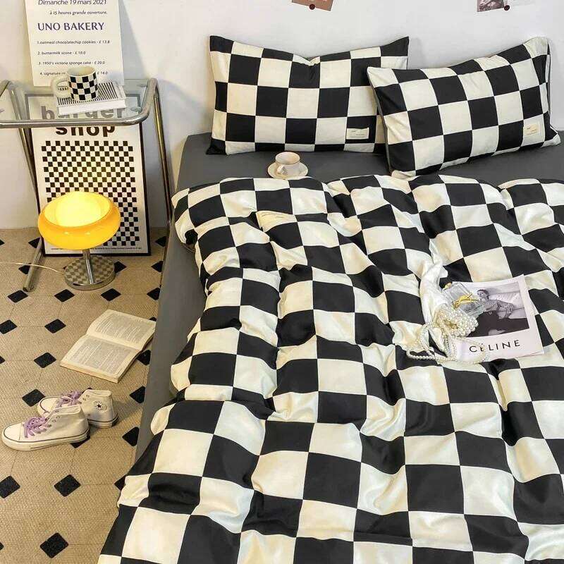 Black and White Plaid Duvet Full, Geometric Grid Bedding Set Soft Lattice Checkerd Comforter Cover with 2 Pillowcases H260311 - view 4