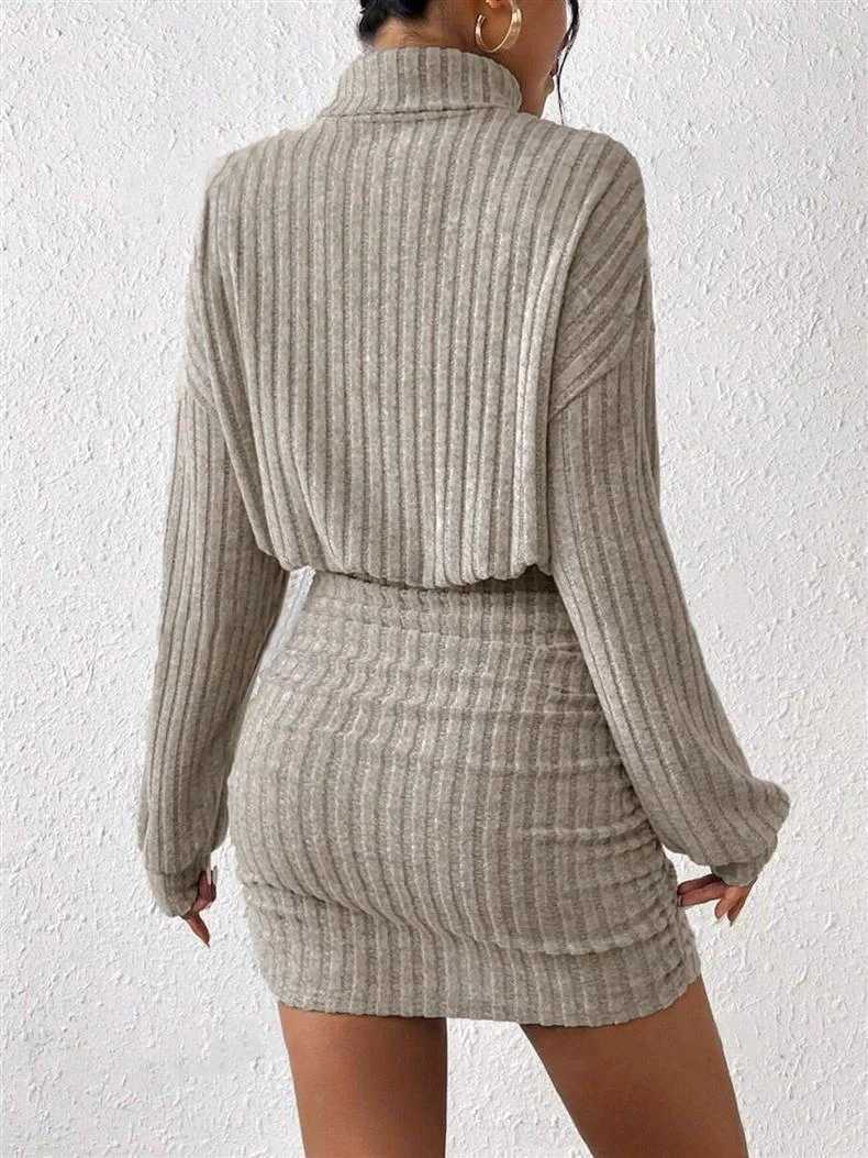 025 Autumn Womens Turtleneck Rib Knit Dress Long Sleeve Bodycon Ruched Mini Dress M260311
