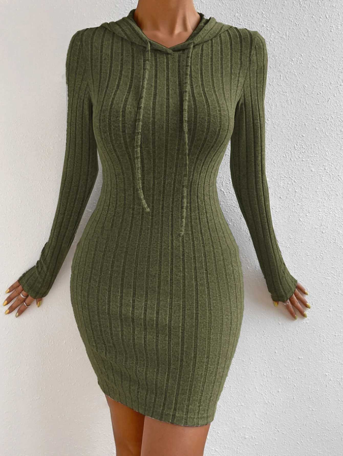 Womens Plain Hooded Drawstring Dress Casual Tight-Fitting Long Sleeve Dress for Spring Fall Comfortable Moderate Fabric M260311