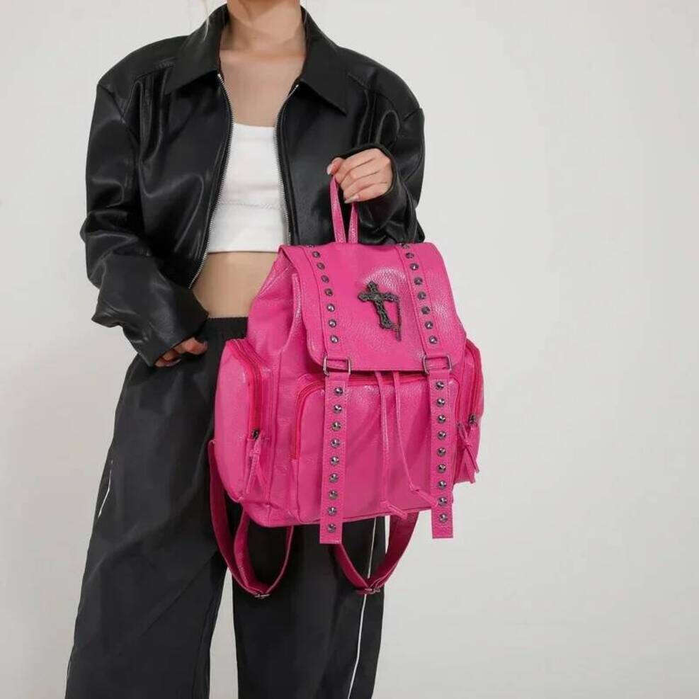 OLOEY Rivet Y2k Backpack Women Gothic Punk PU Leather Shoulder Ladies Vintage Harajuku Backpacks College Large Capacity School Bag