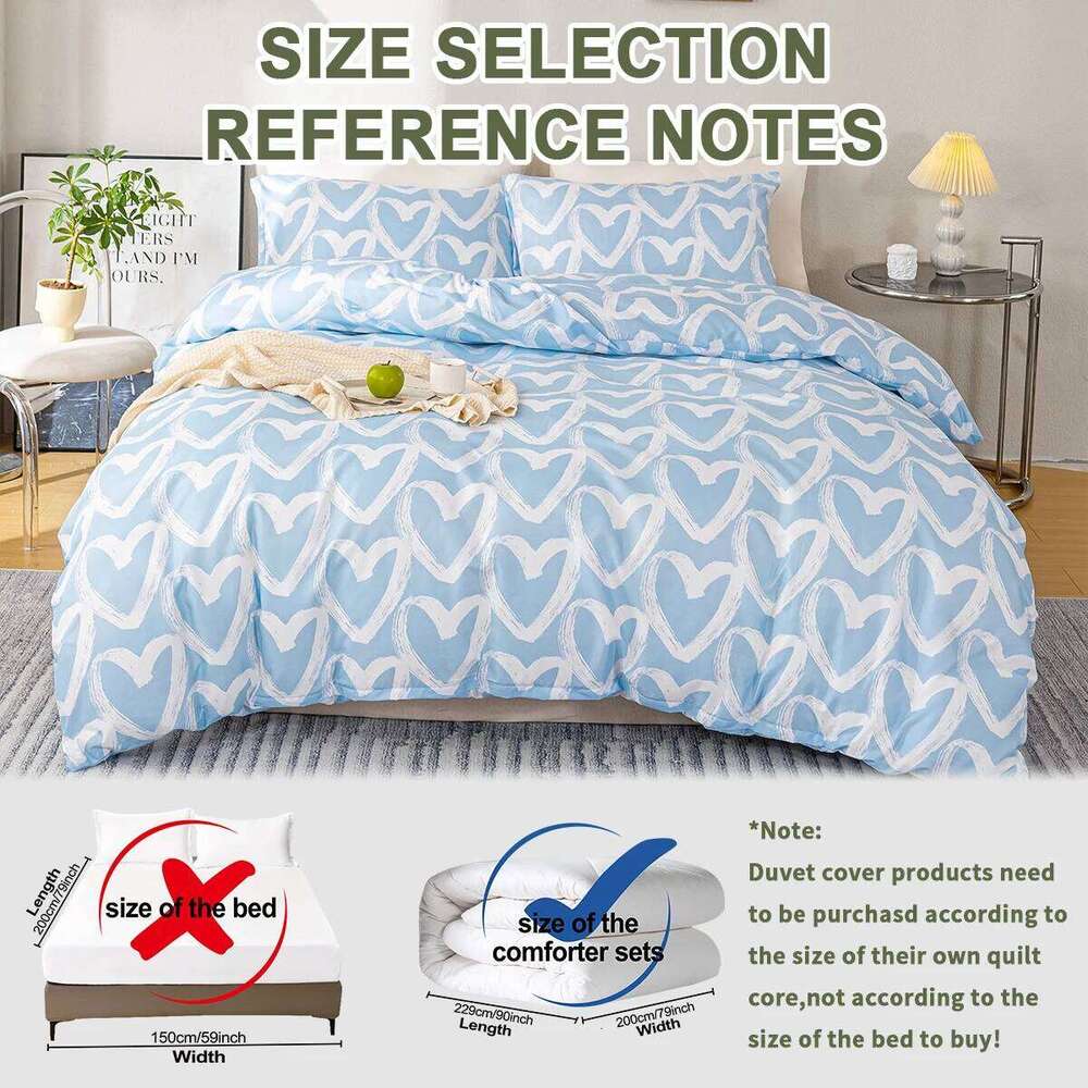 3pcs/set Heart Print - Blue Gray1 & 2 PillowcaseSoft And Skin-Friendly Duvet Cover Bedding Set H260311