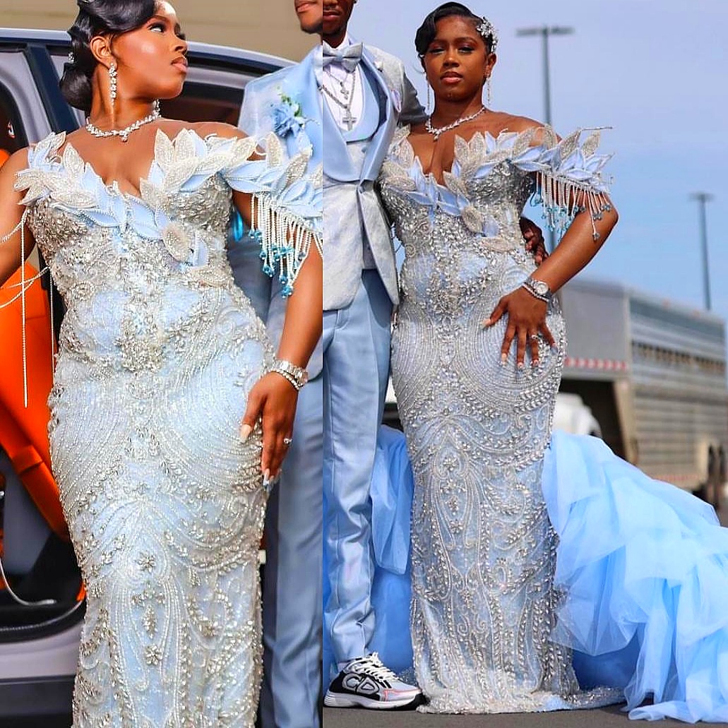 2K26 Light Sky Blue Prom Dress 2026 Mermaid Prom Dress Beaded Crystals Florals Detachable Train Evening Dresses Birthday Party Formal Receiption Gowns Dresses ZJ0