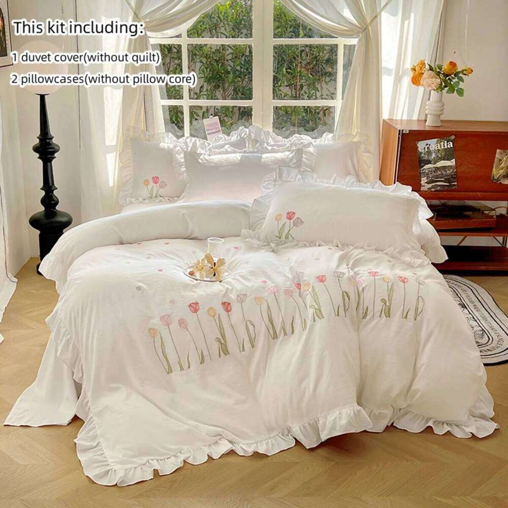 Size Comforter cover Set, 3 PCS tulip embroidery with ruffles Pattern, Soft All Season King Bedding Set H260311