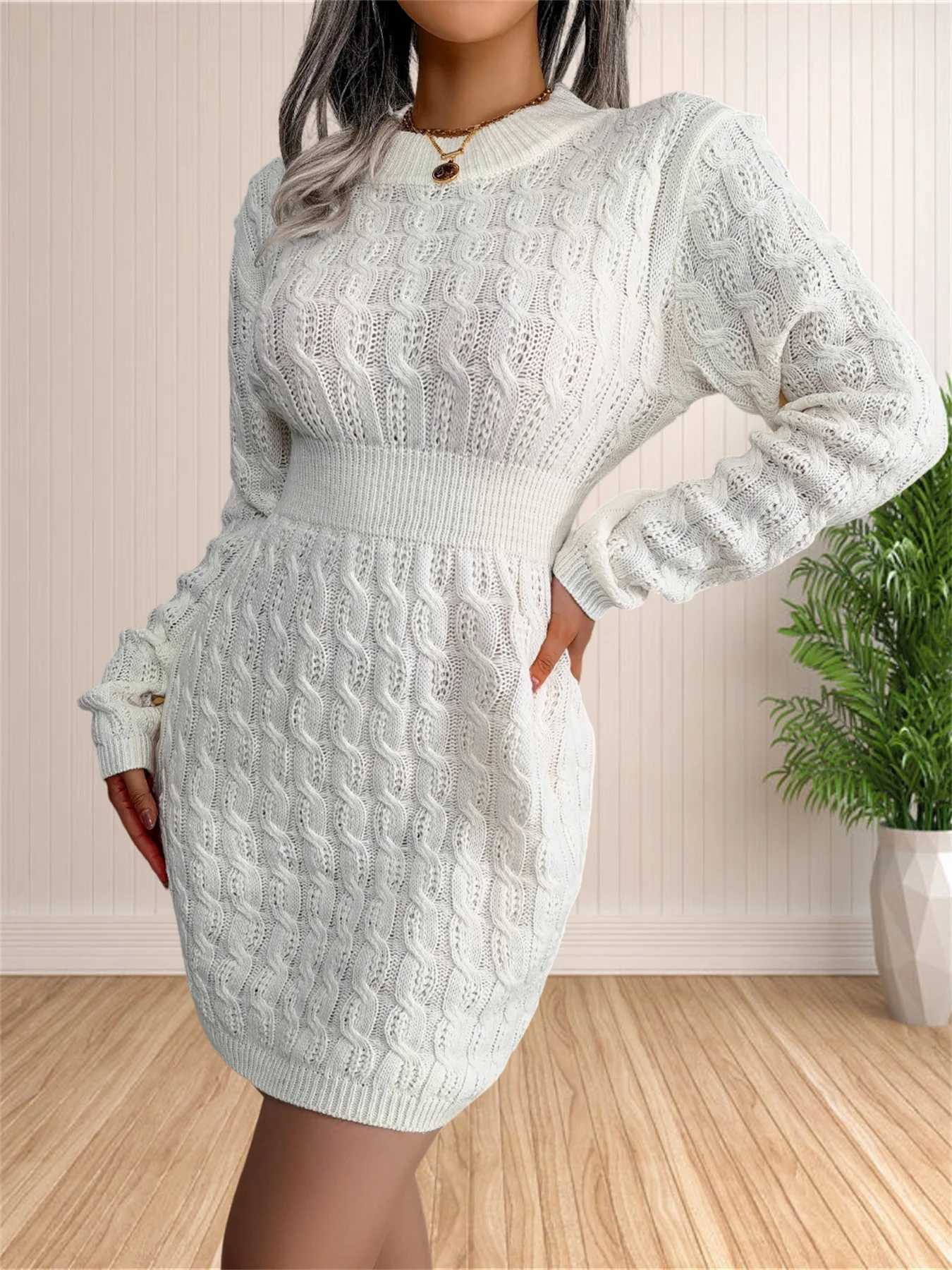 Women Skirt Sweater Dress Solid Color Long Sleeve Knit Pullover Sweater Bodycon Crewneck Autumn Winter M260311