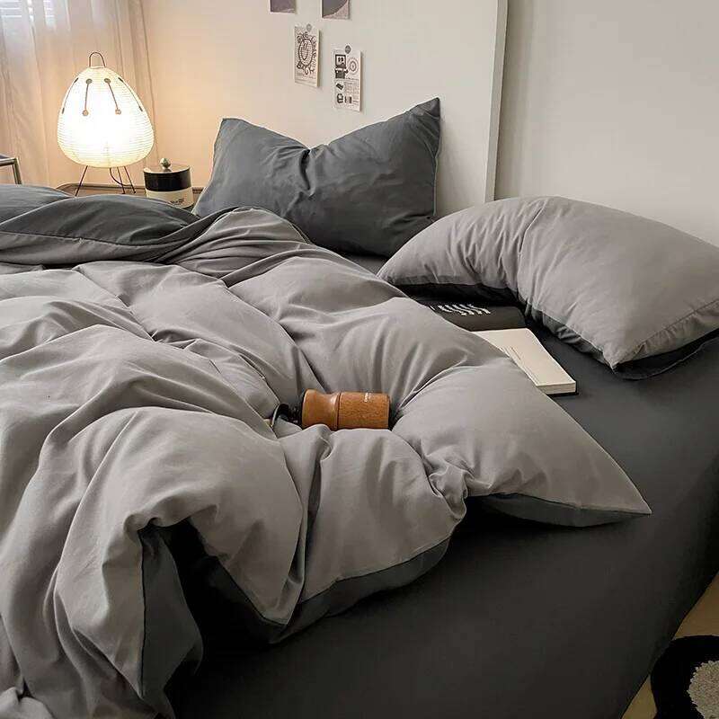 Duvet Cover Linen Sleeping Plain Four-piece Small Fresh Solid Color Washed Cotton Sheet Quilt Bed Three-piece Set H260311 - view 5