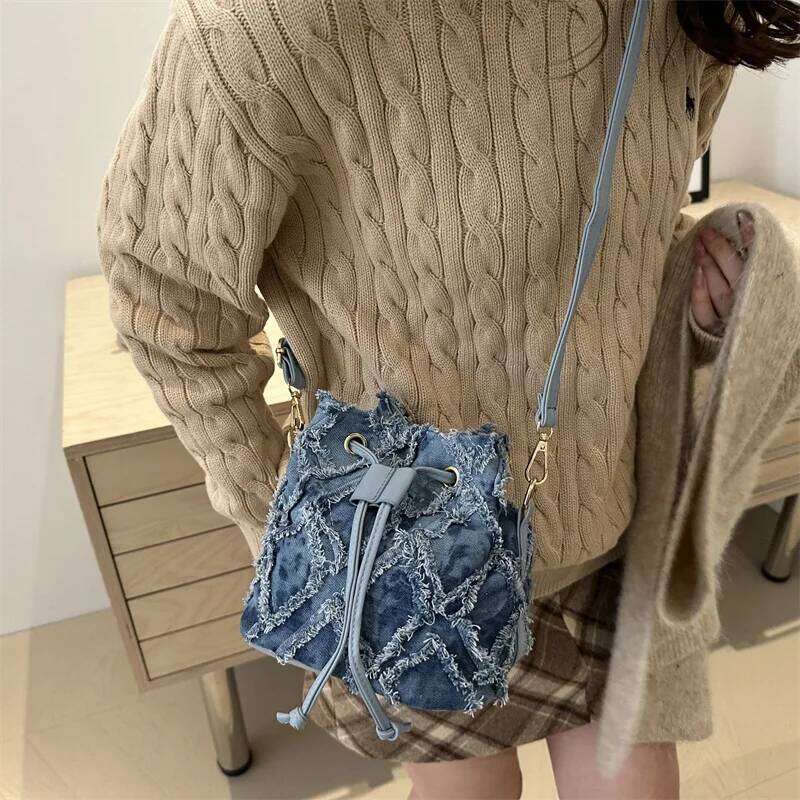 Mini Style Denim for Women Stylish Drawstring New Bucket Cell Phone Bag, Versatile Women's Shoulder Cross Bags XJ260311