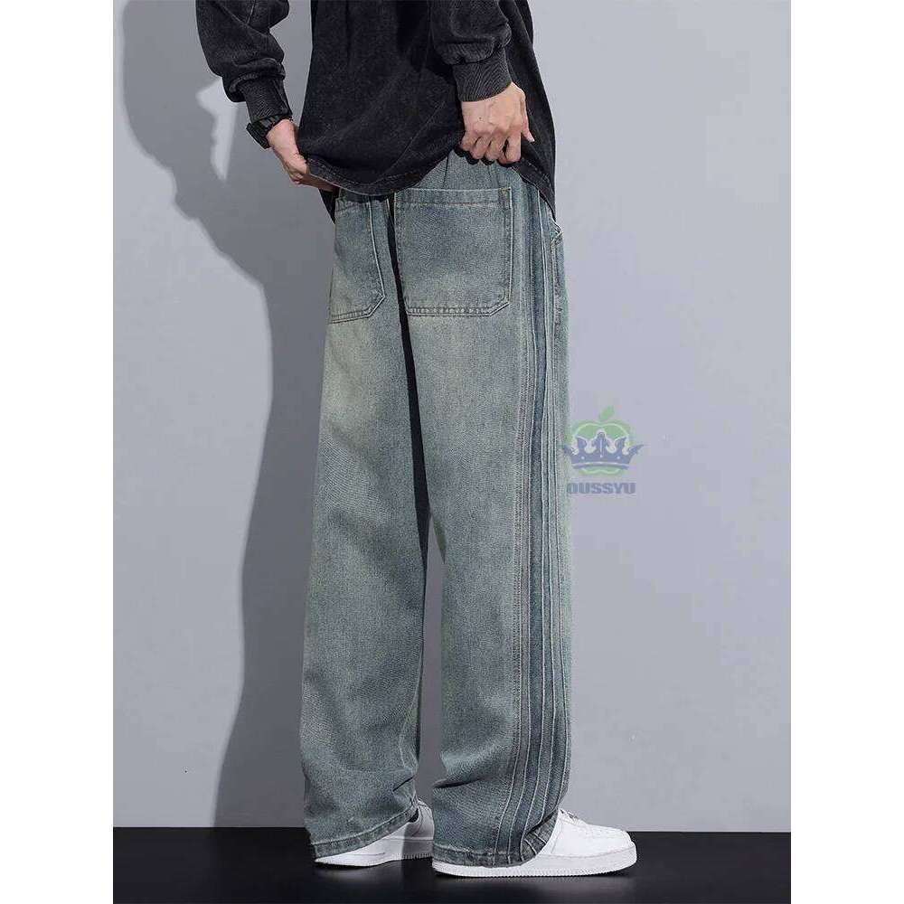 OUSSYU Brand Clothing Fashion Side Wrinkles Jeans Men Baggy Denim Pants Jogger Work Wide Leg Blue Trousers Male Large Size 5XL Z260225