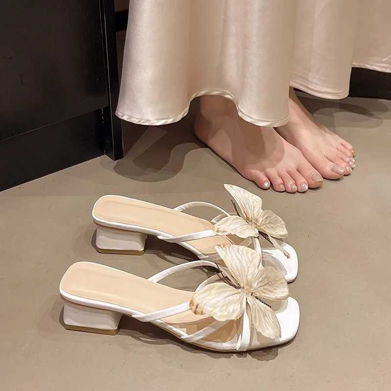 Fashion Square Heel Sandals Womens Summer New Square Toe Open Toe Iris Flower Thin Strap Non-Slip Kitten Heel Shoes K260311