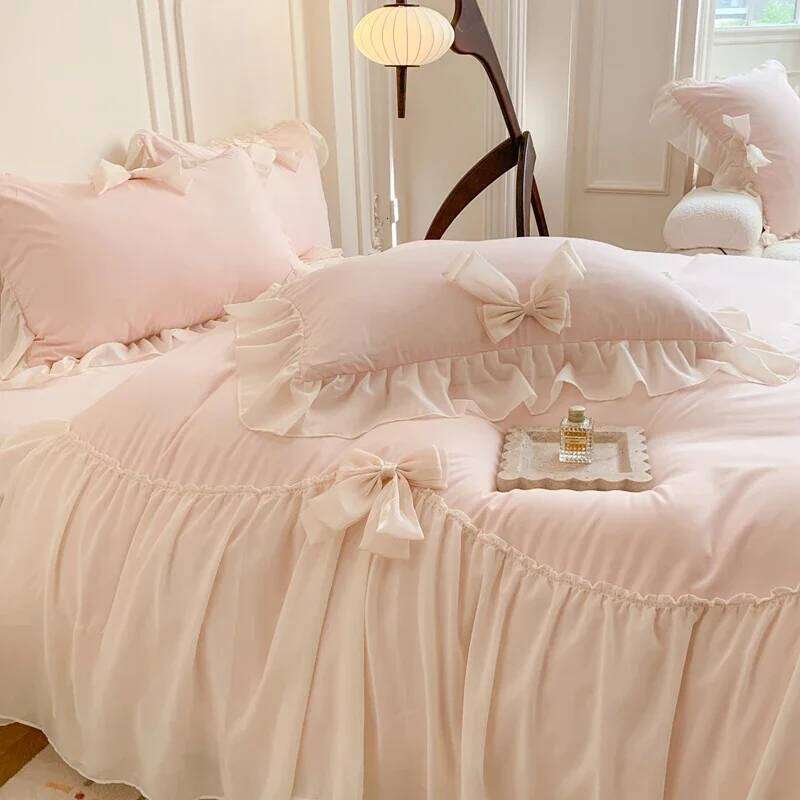 Chiffon Lace Bedding Set Pink France Romantic Princess Wedding Ruffles Bow Soft Duvet Cover Bed Sheet Pillowcases Home Textile H260311