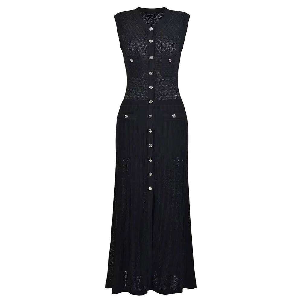 Spring And Summer New Fashion Thin Cut Hollow Lace Silver S Button Slim Fit Round Neck Sleeveless Temperament Women's Dress
