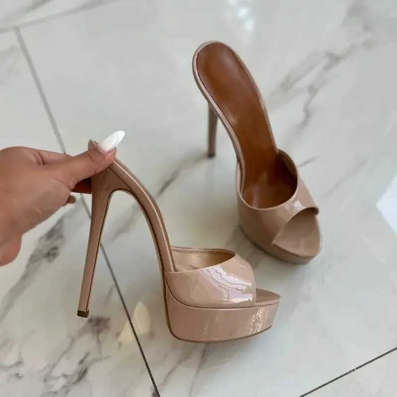 Newest Fashion Leather Sandals Summer Open Toe Nude Patent Leather Platform Women Stiletto Pumps K260311