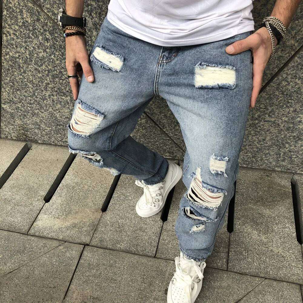 Stylish Simple Ripped Straight Loose Jeans For Men Casual Denim Pants Male Streetwear Trousers Z260225