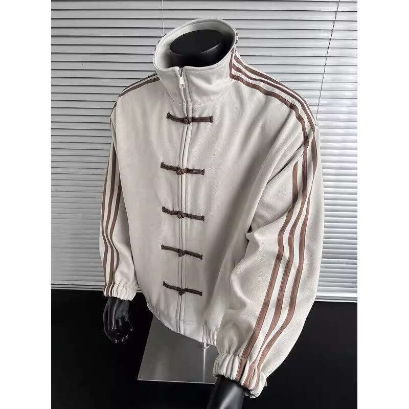 Blue White Patchwork Three-Stripe Stand-Up Collar For Men, Popular Spring And Autumn Fashion, New Chinese-Style Button-Down Tang Suit Jacket Asia Size