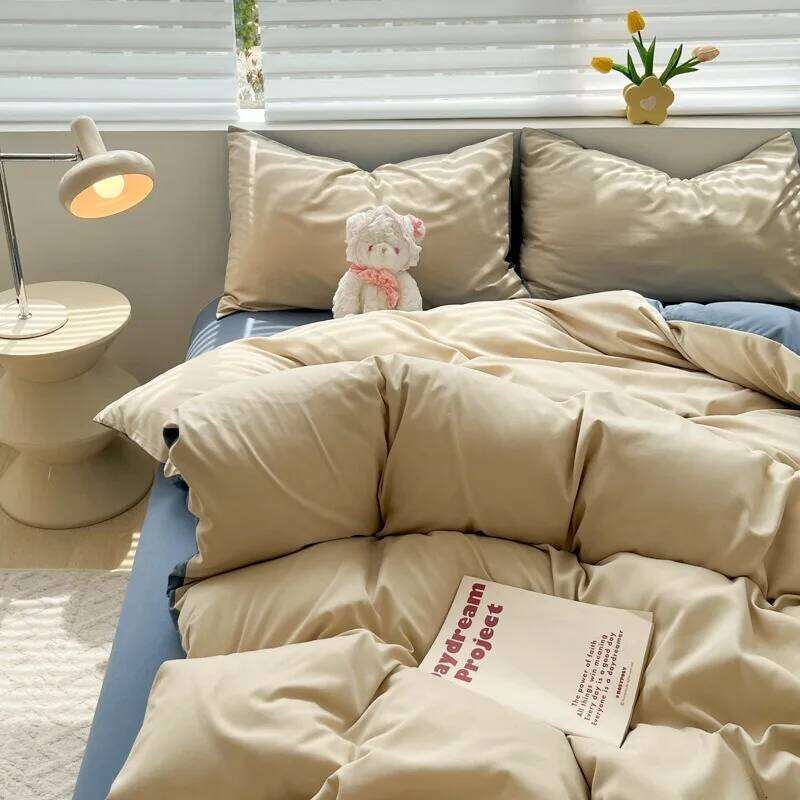 Nordic Simple Style Solid Color Double Washable Cotton Quilt Cover Four Piece Set Single Dormitory Sheet 3pcs H260311