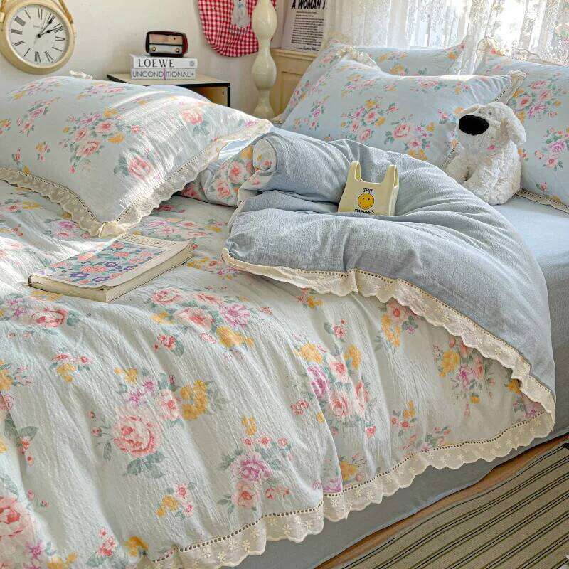 2025 new small fresh printing French lace double four-piece bedding wrinkled yarn student three-piece set H260311