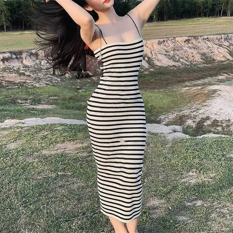 Striped Knitted Slim Dresses Womens Summer Skinny Sleeveless Bodycon Long Dress Casual Holiday Wrap Hip Sundress M260311