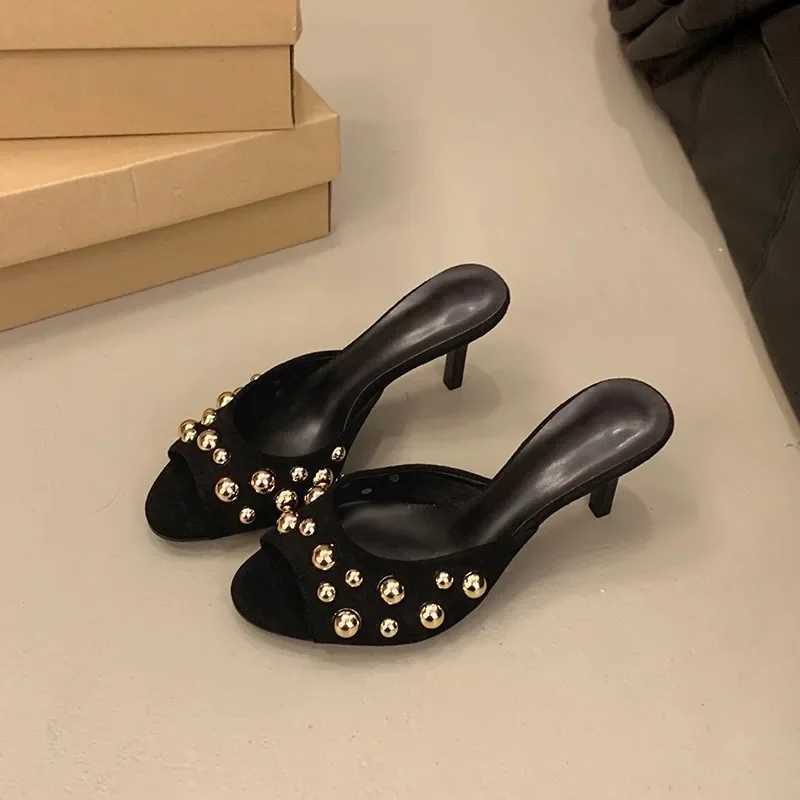 Studded Peep Toe Mules Stiletto Gold Decor Classic Sexy Women Summer Sandals Dress Party Daily Casual Single Slippers K260311