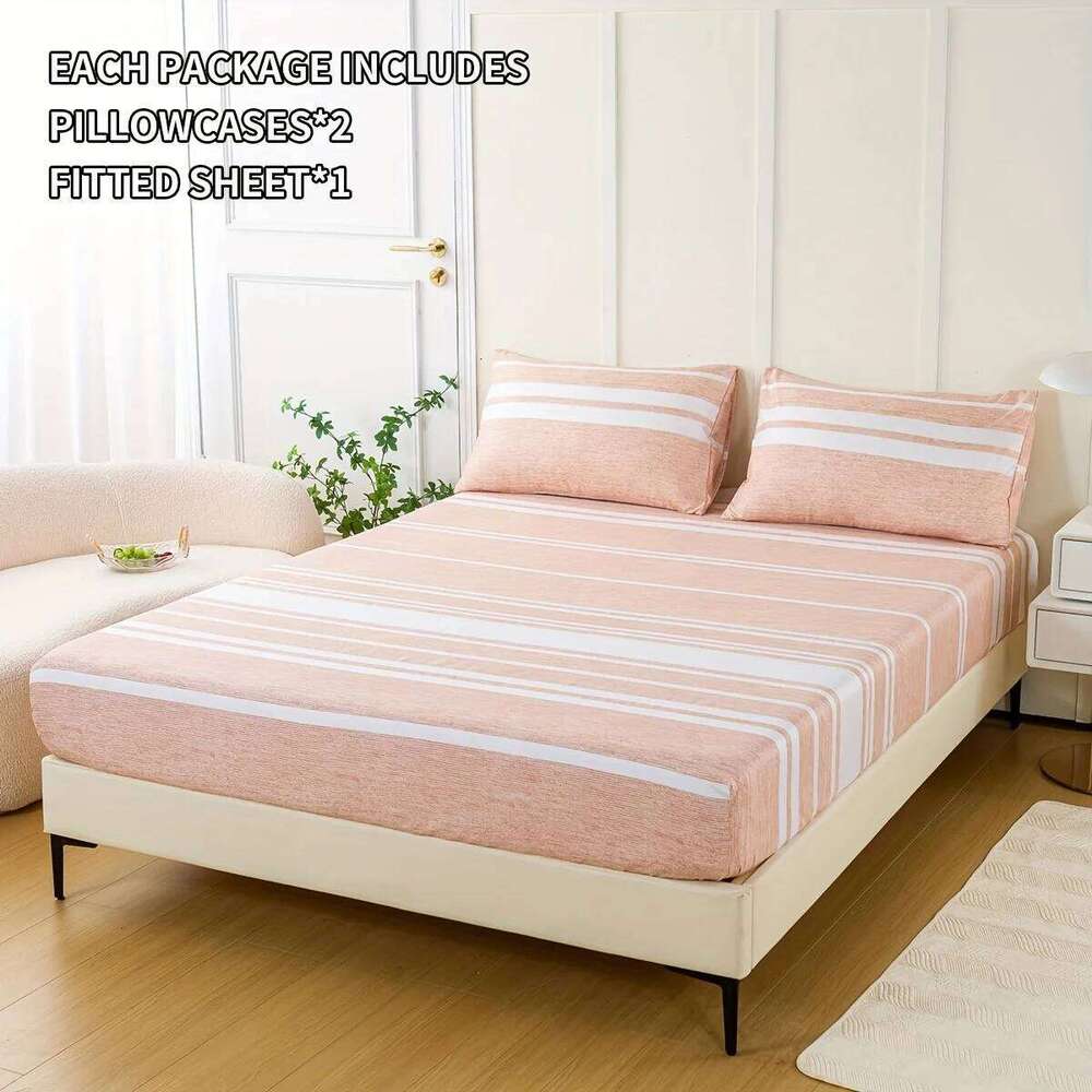 3-Piece Striped Set Luxuriously Soft & Breathable Includes 1 Fitted Sheet and 2 Pillowcases for Cozy Sleep Pe H260311