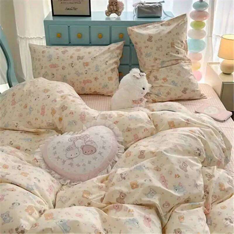 Cute Cartoon Bedding Set New No Filler Ins Soft Duvet Flat Sheet Pillowcases Twin Queen Size Girls Boys Comforter Cover H260311