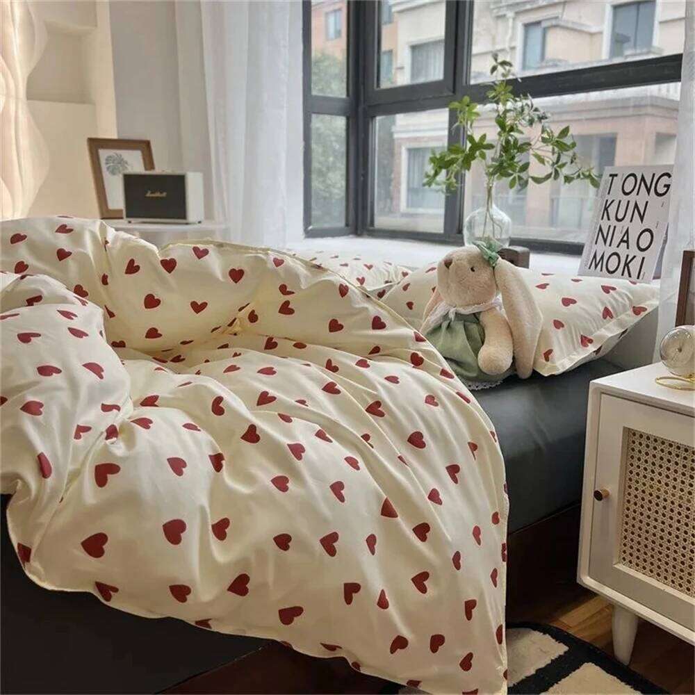 Korean Style Bedding Kid Adult Twin Full Queen Size Flat Sheet Set Pillowcase Bed Linen Love Heart Duvet Cover H260311