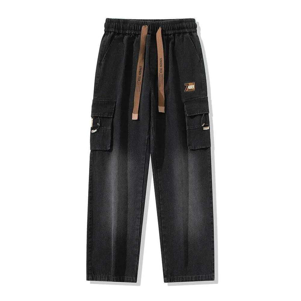 Autumn New Men's Cargo Jeans Big Pocket String Banding Wide Baggy Denim Pants Drawstring Straight Casual Jean Trousers Z260225