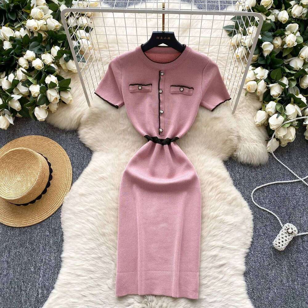 New Spring Summer Sexy Short Sleeve Knitted Dress Sheath High Waist Bodycon Skirt Color Block Design Korean Mini Dresses Z260311