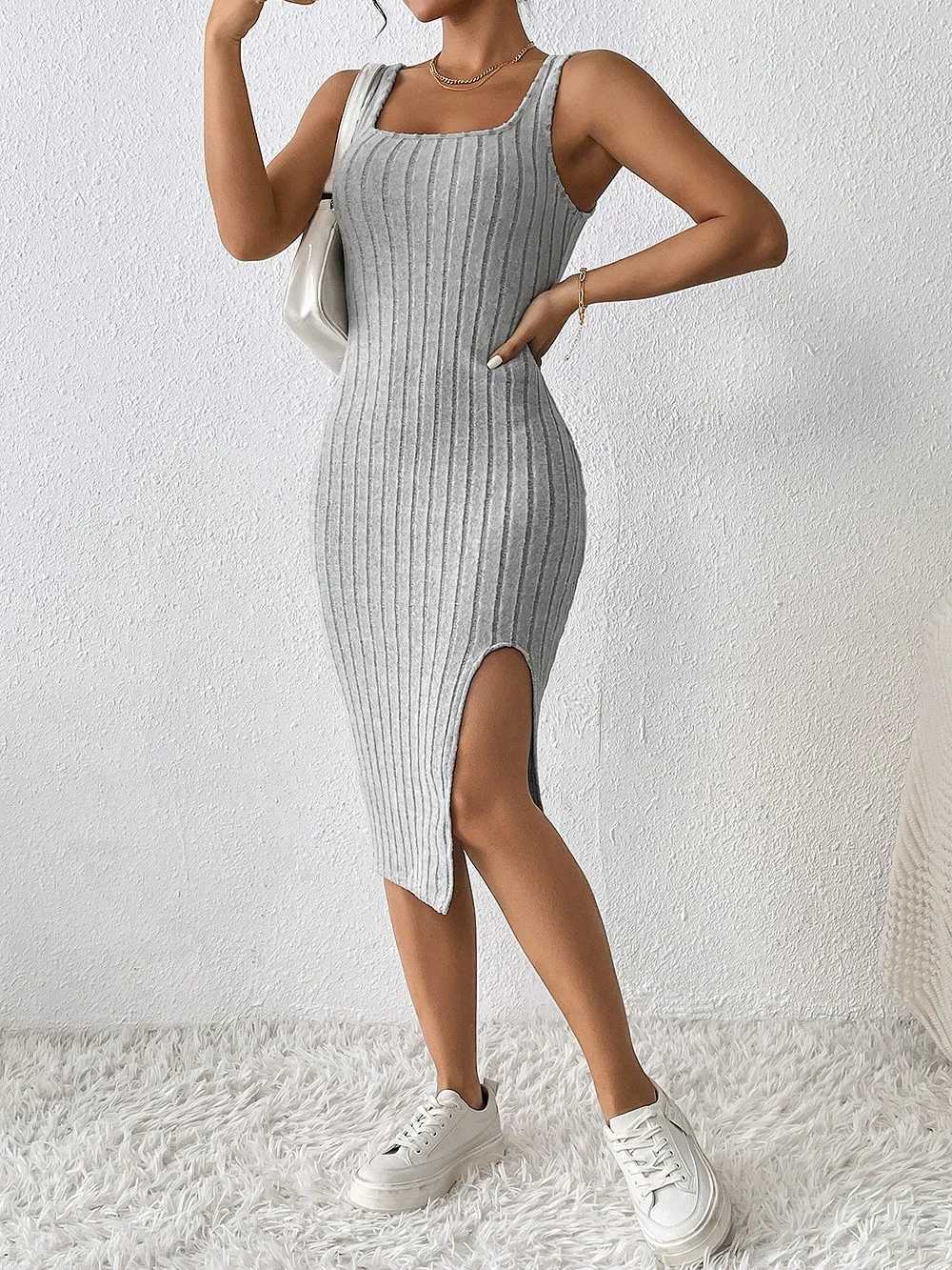 Women Summer Style Knitted Suspender Dress Lady Sleeveless Square Collar Side Slit Skirt Dress Vestidos M260311