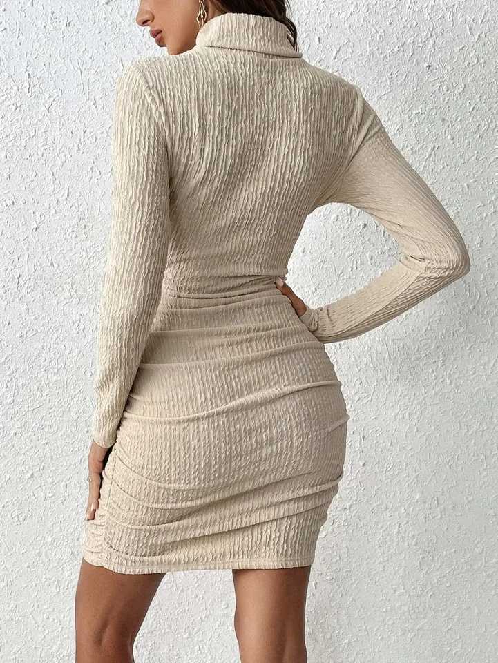 Fashionable Casual High Collar Pleated Tight Dress Elegant Womens Clothing Comfortable Fit Maxi Dress M260311