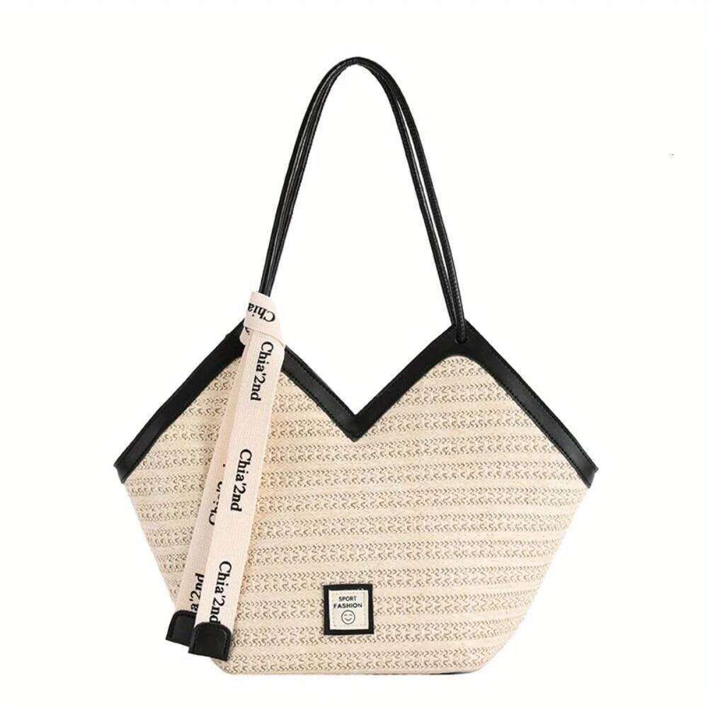 Chic Straw Beach Tote Women Lightweight Woven Handbag Shoulder Bag Perfect for Summer Vacations, Pool Days, Travel XJ260311