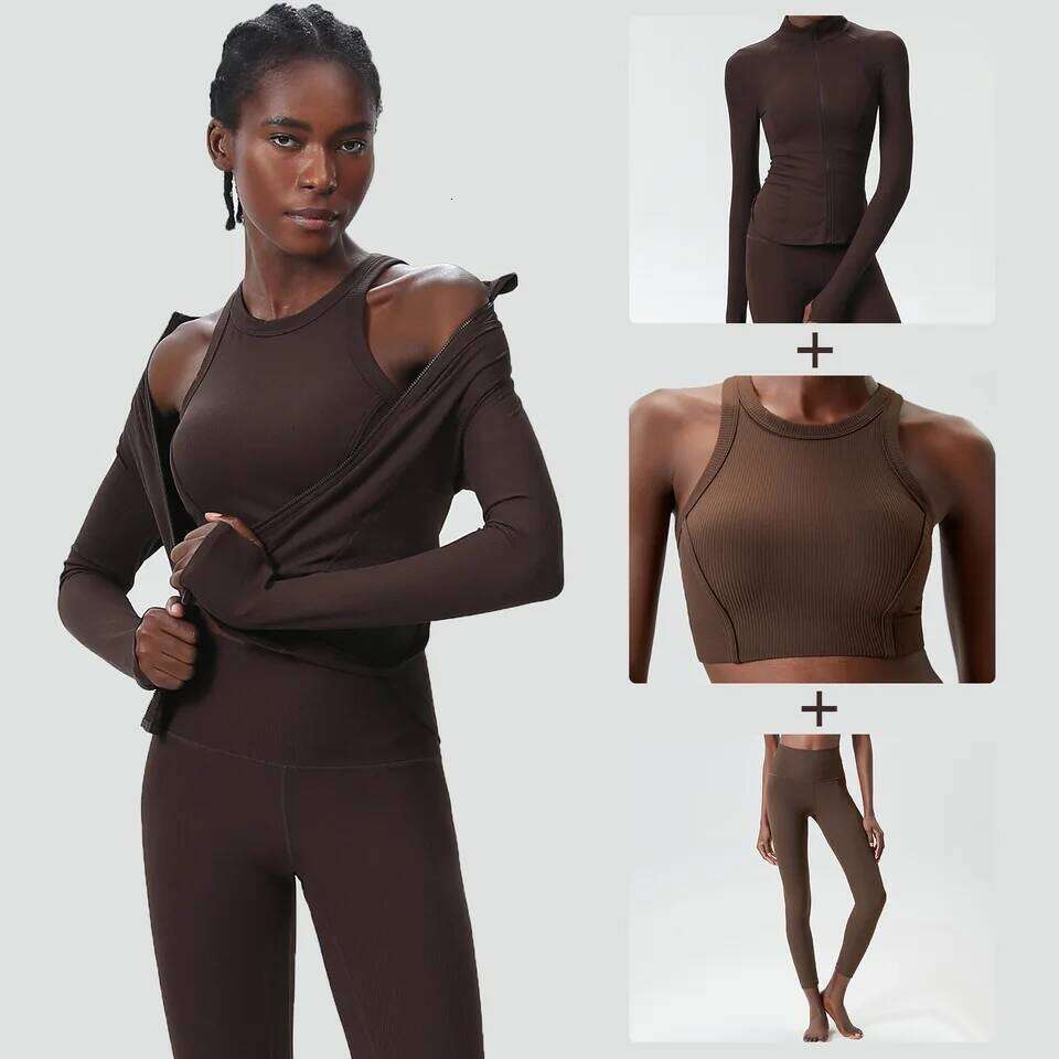 3pcs Fitness Yoga Set Women Solid Color Ribbed Gym Suit Long Sleeve Running Sportswear Female Breathble Workout Clothes 26H0311